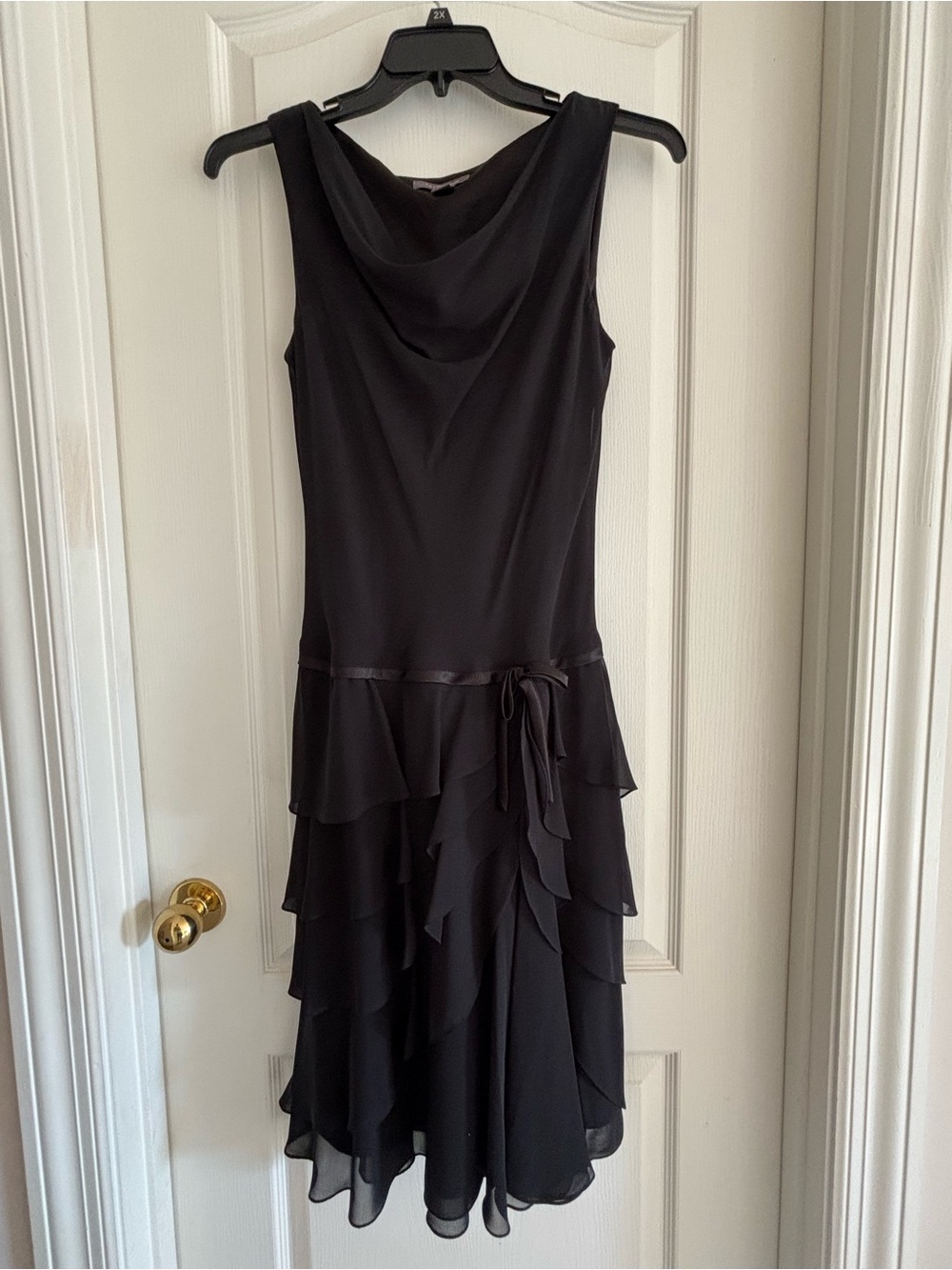 Liz Claiborne sz 8 Black Sleeveless Cowl Neck Midi Dress Ruffle Skirt chiffon